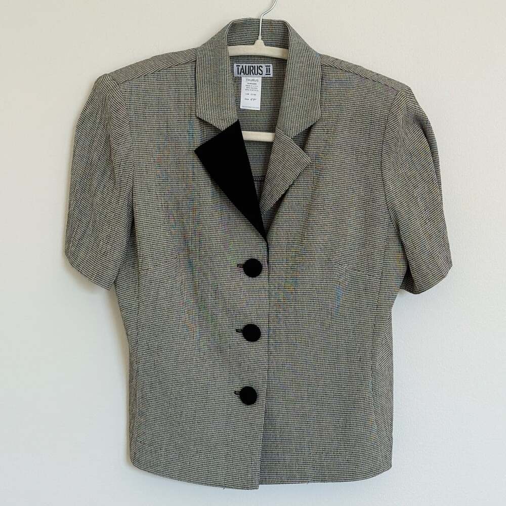 Vintage Taurus II Houndstooth Short Sleeve Blazer Size 4P Black and White